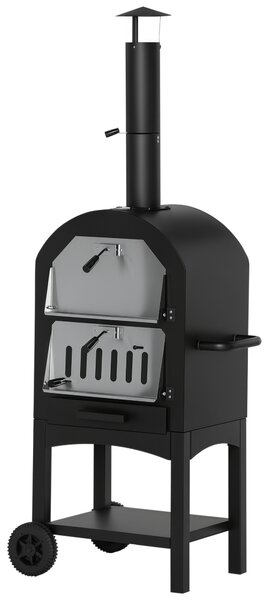 Outsunny Forno per Pizza e Barbecue a Carbone Portatile in Acciaio con Camino e Ruote, Nero|Aosom