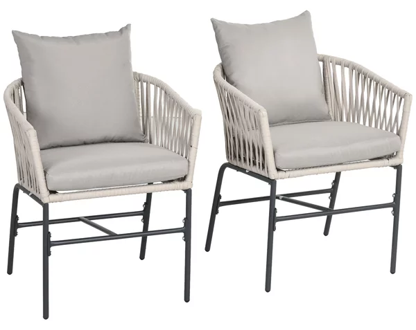 Outsunny Set 2 Sedie da Giardino in Stile Boho con Rivestimento in Corda e Cuscini Imbottiti, Grigio|Aosom