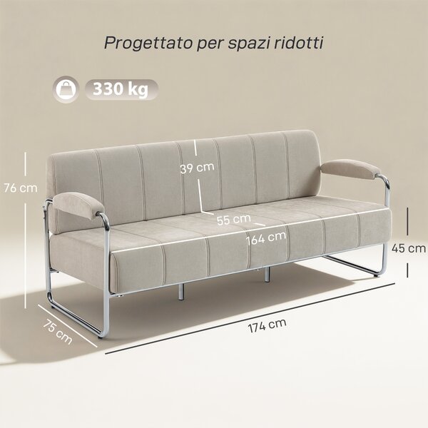 HOMCOM Divano 3 Posti Moderno Rivestito in Ciniglia Beige, in Acciaio, Spugna e Pannello Multistrato, 174x75x76 cm | Aosom Italy