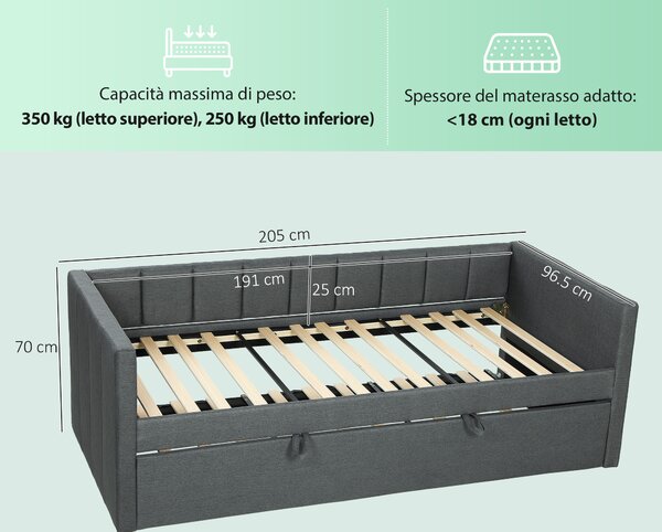 HOMCOM Letto Singolo con Secondo Letto Estraibile, Rivestimento in Tessuto e Braccioli, 205x181x70 cm, Grigio Scuro | Aosom Italy