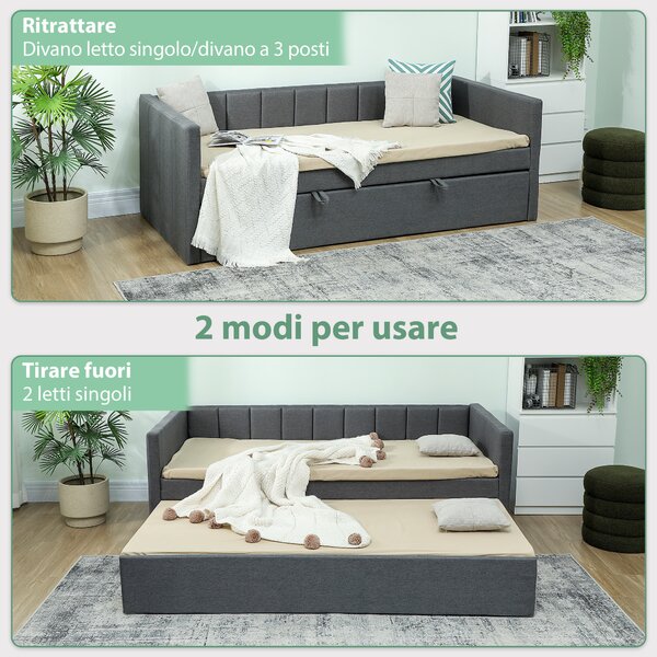 HOMCOM Letto Singolo con Secondo Letto Estraibile, Rivestimento in Tessuto e Braccioli, 205x181x70 cm, Grigio Scuro | Aosom Italy