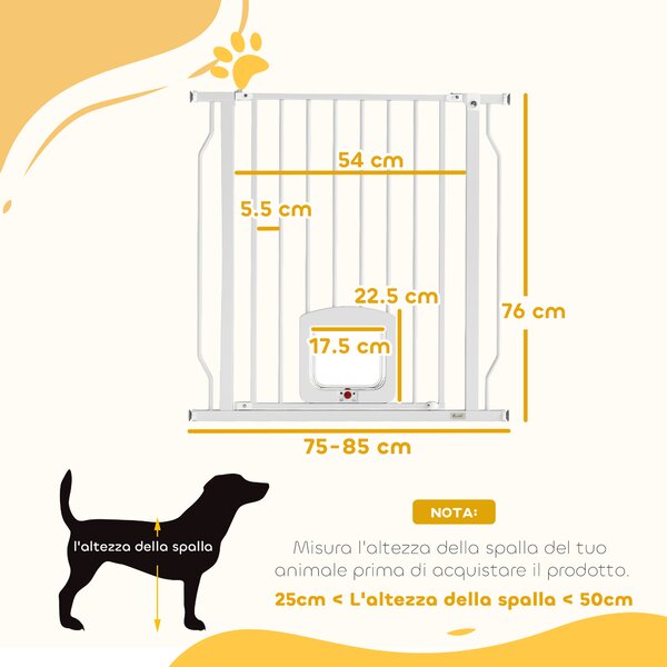 PawHut Cancello per Cani e Gatti Estensibile con Gattaiola Integrata, in Acciaio e ABS, 75-85x2x76 cm, Bianco | Aosom Italy