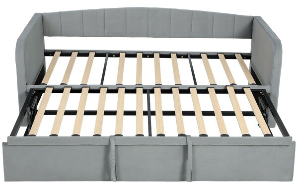 Divano Letto 3 in 1 Lettino Estraibile 205x186x75 cm Convertibile in Letto Matrimoniale in Legno e Poliestere Grigio Chiaro