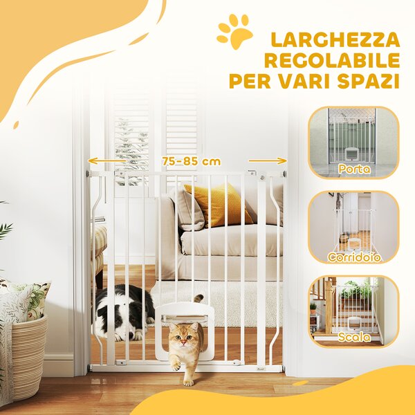 PawHut Cancello per Cani e Gatti Estensibile con Gattaiola Integrata, in Acciaio e ABS, 75-85x2x76 cm, Bianco | Aosom Italy