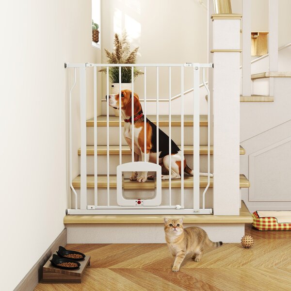 PawHut Cancello per Cani e Gatti Estensibile con Gattaiola Integrata, in Acciaio e ABS, 75-85x2x76 cm, Bianco | Aosom Italy