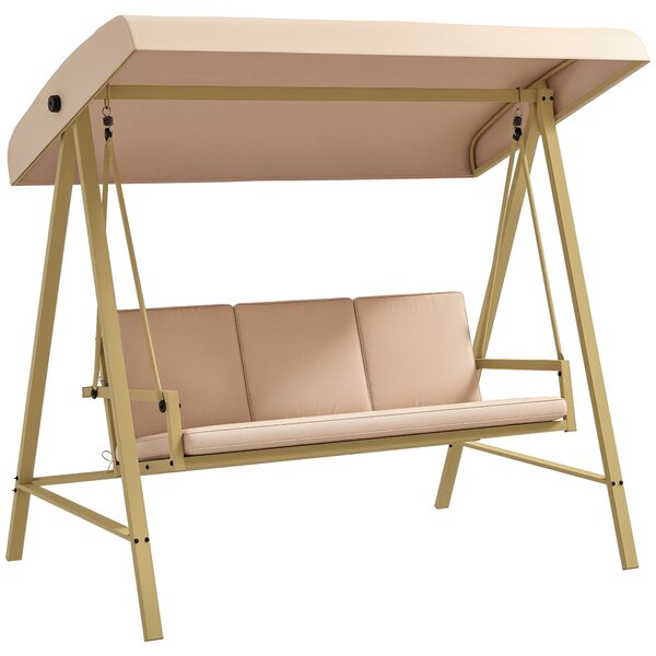 Outsunny Dondolo Giardino 3 Posti con Tettuccio Inclinabile e Cuscini, Dondolo da Esterno in Acciaio e Textilene, Beige e Marrone | Aosom Italy