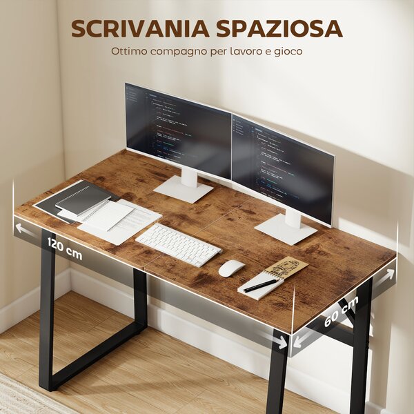 HOMCOM Scrivania per Camera Stile Industriale con Angoli Arrotondati, in Legno e Acciaio, 120x60x76 cm, Nero e Marrone | Aosom Italy