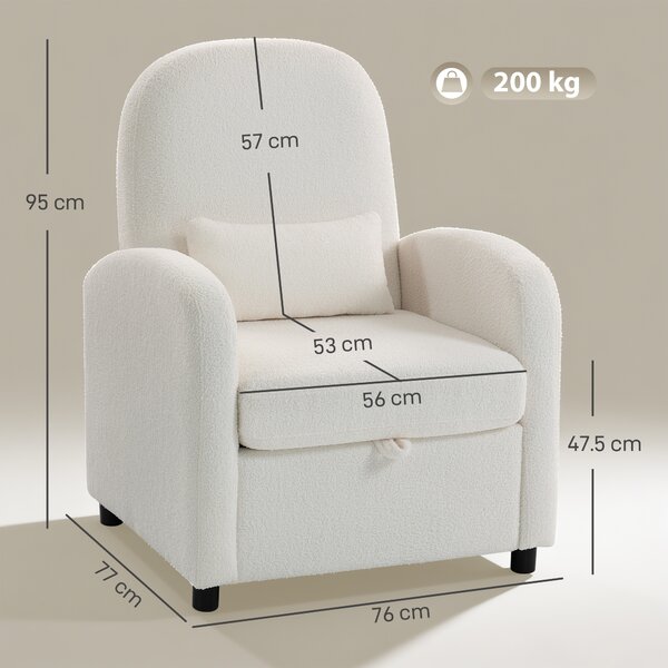 HOMCOM Poltrona Moderna con Spazio Contenitore a Scomparsa e Cuscino, Rivestimento in Pile Teddy, 76x77x95 cm, Crema | Aosom Italy