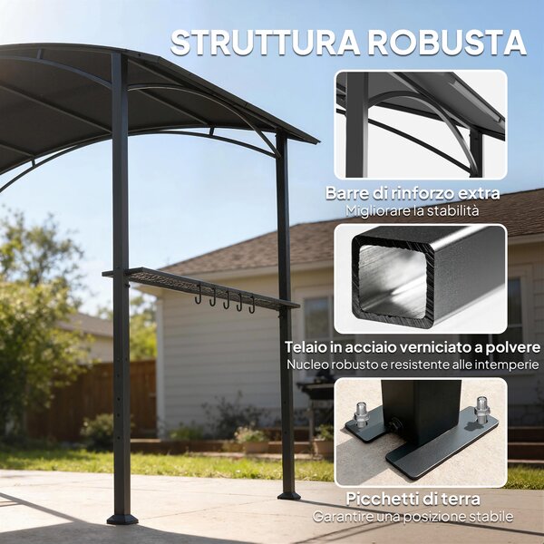 Outsunny Gazebo per Barbecue con 2 Mensole Laterali e Ganci, Acciaio e Poliestere, 2.4 x 1.5 m, Grigio Scuro | Aosom Italy