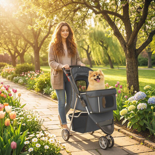 PawHut Passeggino per Cani Pieghevole con Portabicchieri e Cestino, 77x44x102 cm, Grigio Carbone | Aosom Italy