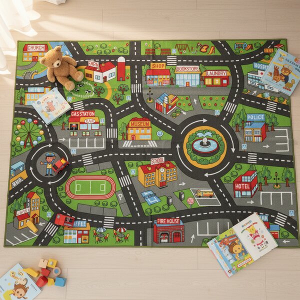 AIYAPLAY Tappeto da gioco per bambini, antiscivolo, motivo strada cittadina, 200 x 150 cm, Multicolore | Aosom Italy