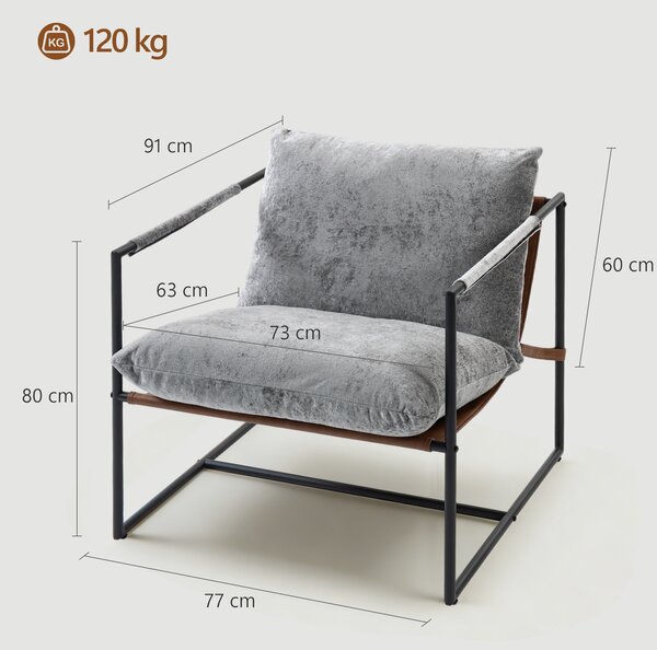 HOMCOM Poltrona da salotto, imbottita in velluto, seduta ampia e struttura in acciaio, 77x91x80cm, Grigio | Aosom Italy