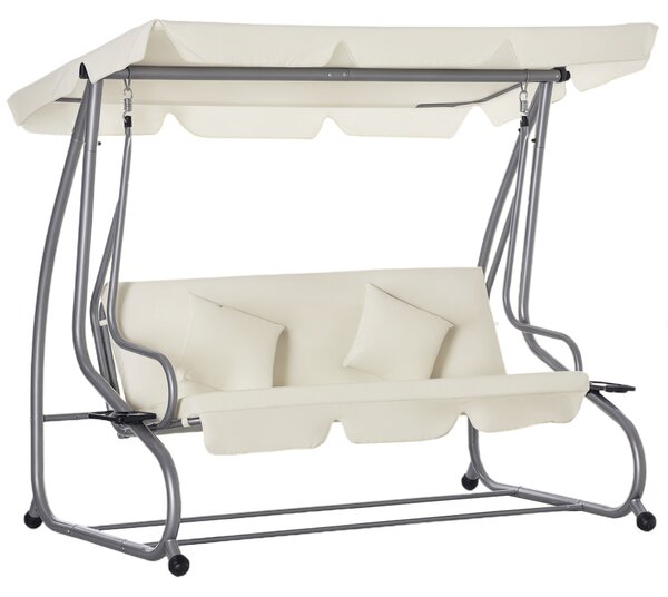 Outsunny Dondolo Letto da Giardino 3 Posti con Tetto Regolabile e 2 Portabicchieri, 200x120x164 cm, Crema|Aosom