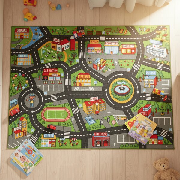 AIYAPLAY Tappeto da gioco per bambini, antiscivolo, motivo strada cittadina, 200 x 150 cm, Multicolore | Aosom Italy