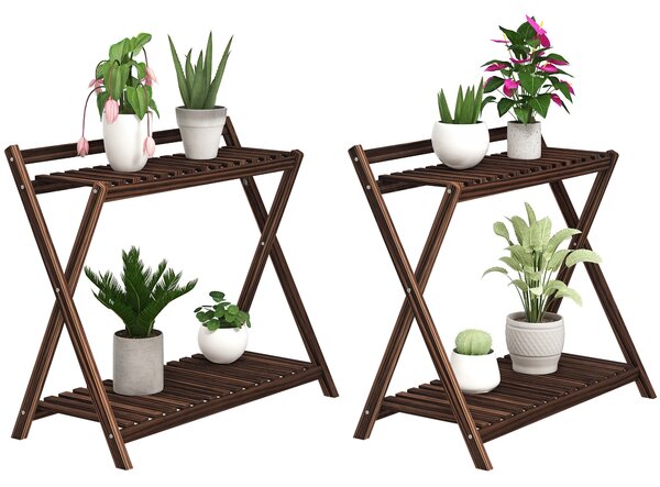 Outsunny Set 2 Portapiante a 2 Livelli con Design a Doghe in Legno di Abete, 73x36x64 cm, Marrone Bruciato