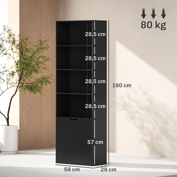 HOMCOM Libreria 6 Ripiani con Ante 4 Ripiani Aperti per Soggiorno Studio 59x29x180 cm Nero | Aosom Italy