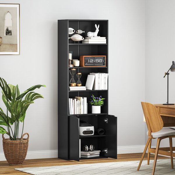HOMCOM Libreria 6 Ripiani con Ante 4 Ripiani Aperti per Soggiorno Studio 59x29x180 cm Nero | Aosom Italy
