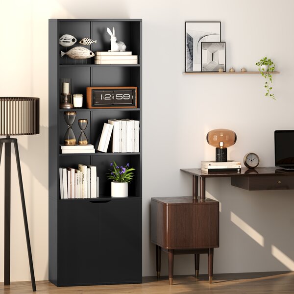 HOMCOM Libreria 6 Ripiani con Ante 4 Ripiani Aperti per Soggiorno Studio 59x29x180 cm Nero | Aosom Italy