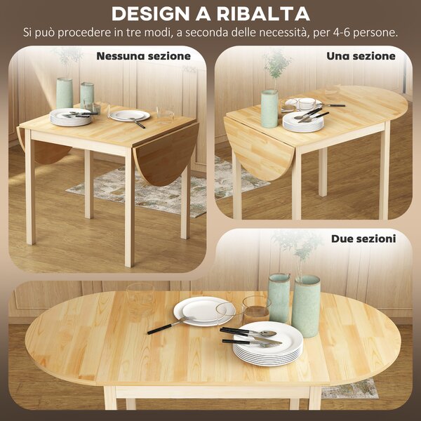 HOMCOM Tavolo Allungabile a Ribalta per 4-6 Persone in Legno di Pino, 140x70x75 cm, color Legno | Aosom Italy