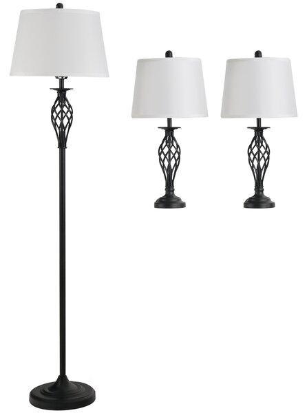 HOMCOM Set 3 Pezzi: 1 Lampada da Terra e 2 Lampade da Tavolo in Metallo, Design Vintage, Lampadine E27, Nero e Bianco|Aosom