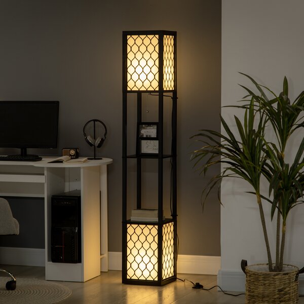 HOMCOM Lampada da Terra a Colonna in MDF e Plastica PP con 2 Ripiani, per Soggiorno, Studio e Camera da Letto, 26x26x156 cm, Bianca e Nera|Aosom