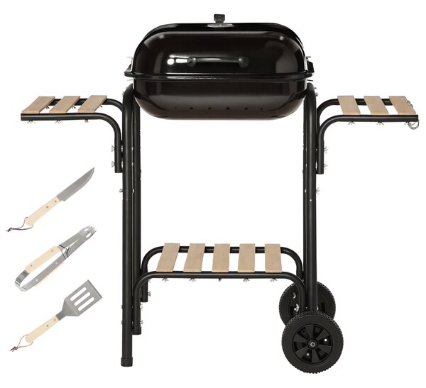 Outsunny Barbecue a Carbone con Coperchio, Ripiani e Ruote, Completo di Spatola, Pinza e Coltello, Nero