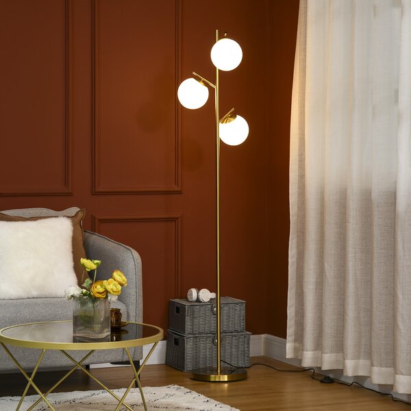 HOMCOM Lampada da Terra Moderna con 3 Punti Luce in Acciaio e Vetro, Ø27x159cm, Oro