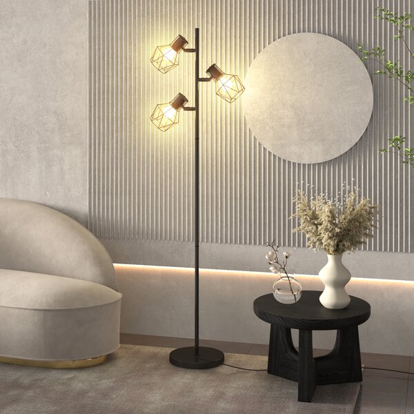 HOMCOM Lampada da Terra 40W con 3 Luci Regolabili e Interruttore a Manopola, in Metallo, 41x28x169 cm, Nero