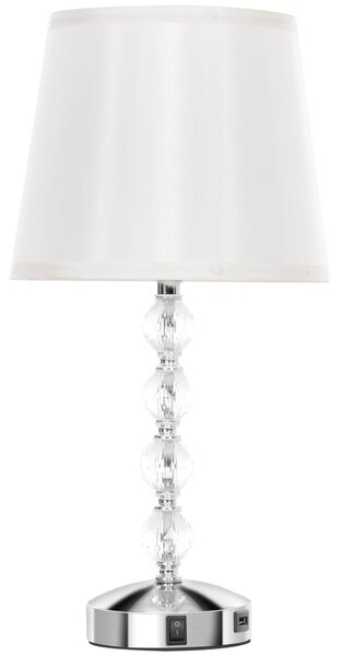 HOMCOM Lampada da Tavolo con Cristalli e Porta USB, in Metallo, Vetro e Poliestere, Ø23x45 cm, Bianco e Argento