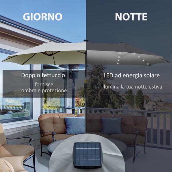 Outsunny Ombrellone Doppio da Giardino 4.5x2.65 m con 48 Luci LED Solari Manovella, Ombrellone da Giardino a 12 Stecche in Acciaio e Poliestere, per Cortile, Terrazza e Balcone, Grigio chiaro | Aosom Italy