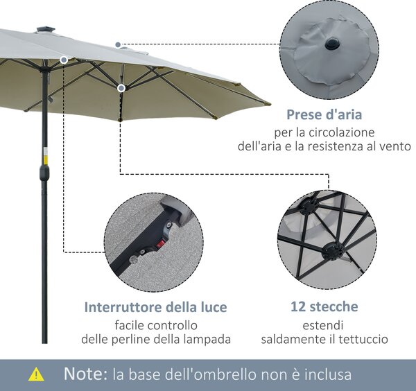 Outsunny Ombrellone Doppio da Giardino 4.5x2.65 m con 48 Luci LED Solari Manovella, Ombrellone da Giardino a 12 Stecche in Acciaio e Poliestere, per Cortile, Terrazza e Balcone, Grigio chiaro | Aosom Italy