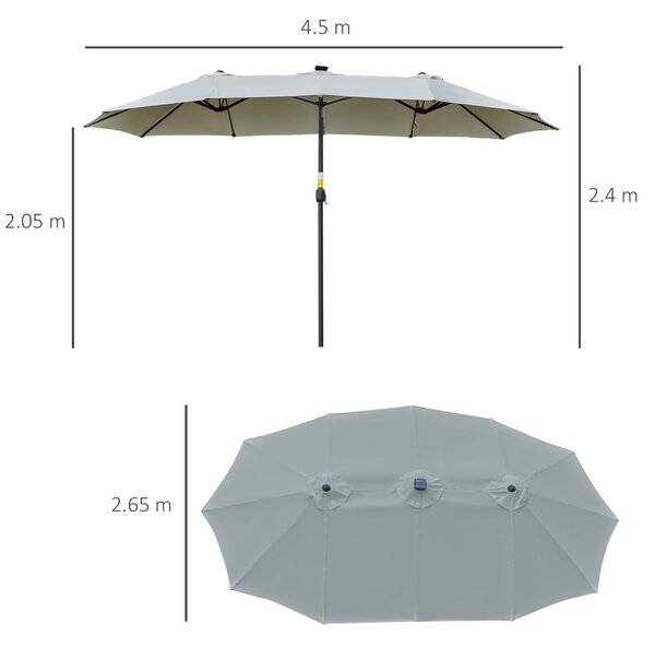 Outsunny Ombrellone Doppio da Giardino 4.5x2.65 m con 48 Luci LED Solari Manovella, Ombrellone da Giardino a 12 Stecche in Acciaio e Poliestere, per Cortile, Terrazza e Balcone, Grigio chiaro | Aosom Italy