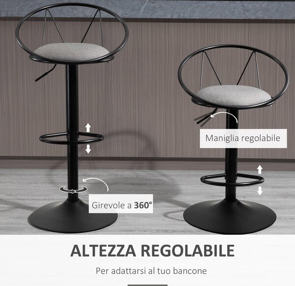 HOMCOM Set 2 Sgabelli Bar con Altezza Regolabile, Sgabelli Cucina Alti con Schienale, Poggiapiedi e Seduta Morbida, Struttura in Metallo, Sedie Bar Alte Girevoli a 360°, per Penisola, Grigio | Aosom Italy