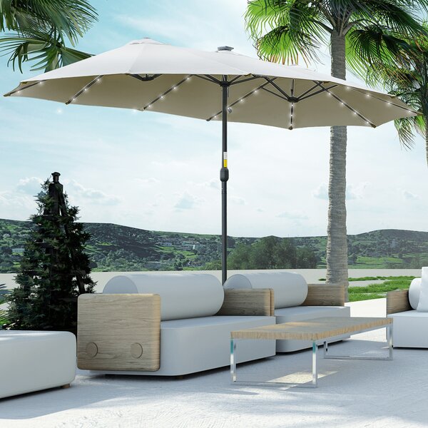 Outsunny Ombrellone Doppio da Giardino 4.5x2.65 m con 48 Luci LED Solari Manovella, Ombrellone da Giardino a 12 Stecche in Acciaio e Poliestere, per Cortile, Terrazza e Balcone, Grigio chiaro | Aosom Italy