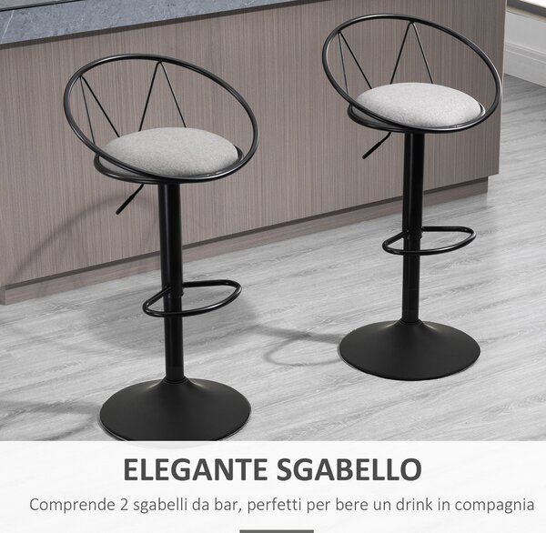 HOMCOM Set 2 Sgabelli Bar con Altezza Regolabile, Sgabelli Cucina Alti con Schienale, Poggiapiedi e Seduta Morbida, Struttura in Metallo, Sedie Bar Alte Girevoli a 360°, per Penisola, Grigio | Aosom Italy