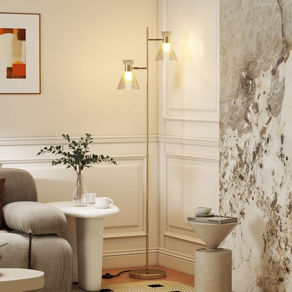 HOMCOM Lampada da Terra Moderna con 2 Luci e Teste Regolabili, Interruttore a Pedale, Oro | Aosom Italy