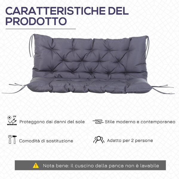 Outsunny Cuscino da Giardino 2 Posti per Sedute da Esterno con Schienale e 6 Lacci, Cuscino da Esterno Imbottito in Cotone e Poliestere, per Divani Dondoli Panche, 132x110x10 cm, Grigio Scuro | Aosom Italy