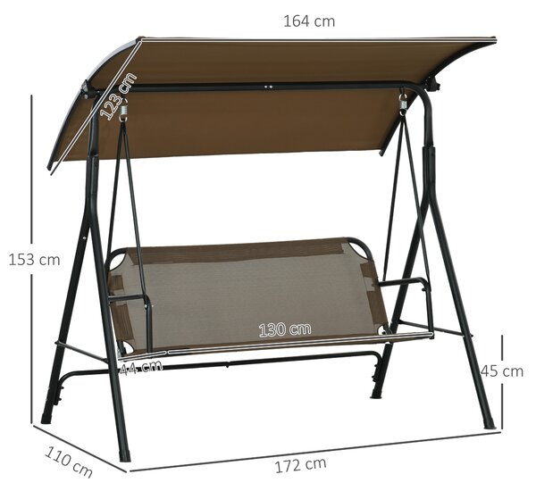 Outsunny Dondolo da Giardino 3 Posti con Copertura Regolabile, in Acciaio e Poliestere, 172x110x153 cm, Marrone e Grigio