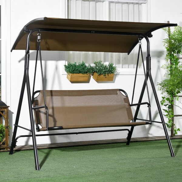 Outsunny Dondolo da Giardino 3 Posti con Copertura Regolabile, in Acciaio e Poliestere, 172x110x153 cm, Marrone e Grigio
