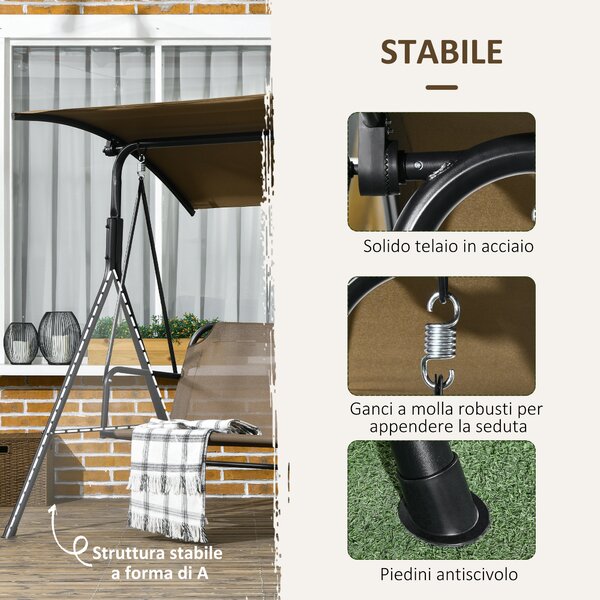 Outsunny Dondolo da Giardino 3 Posti con Copertura Regolabile, in Acciaio e Poliestere, 172x110x153 cm, Marrone e Grigio