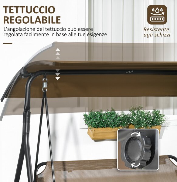 Outsunny Dondolo da Giardino 3 Posti con Copertura Regolabile, in Acciaio e Poliestere, 172x110x153 cm, Marrone e Grigio