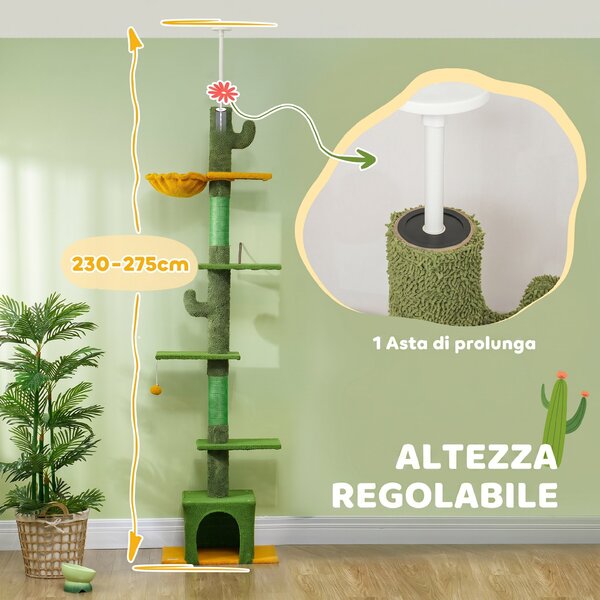 PawHut Albero Tiragraffi per Gatti 5 kg a Soffitto Alto 230-275 cm con Amaca, Casetta, Piattaforme, Verde | Aosom Italy