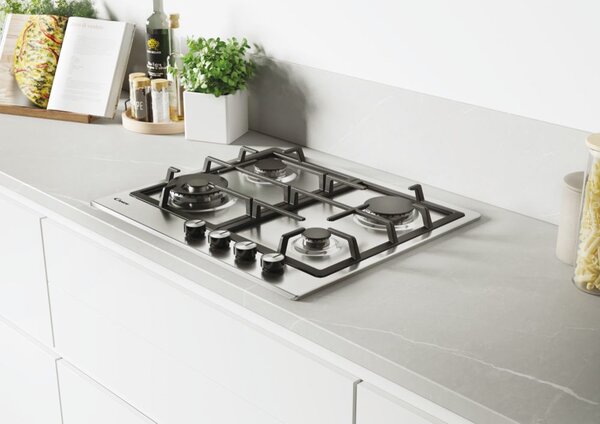 Candy Piano Cottura 4 Fuochi a Gas 60 cm Griglie in Ghisa (1 Bruciatore Wok) colore Inox - Essenza CDIH6GBFE4WX