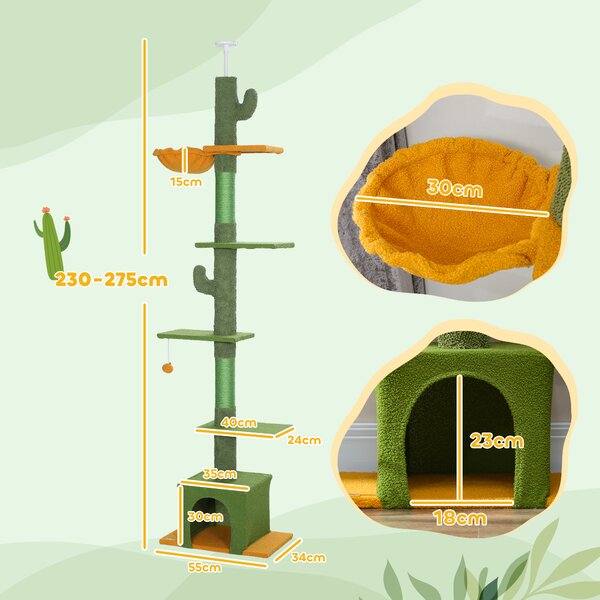PawHut Albero Tiragraffi per Gatti 5 kg a Soffitto Alto 230-275 cm con Amaca, Casetta, Piattaforme, Verde | Aosom Italy