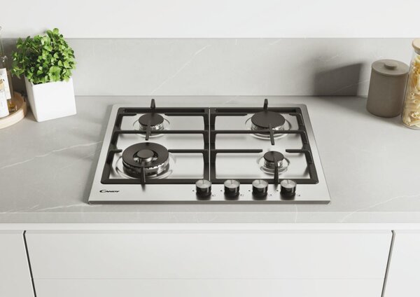 Candy Piano Cottura 4 Fuochi a Gas 60 cm Griglie in Ghisa (1 Bruciatore Wok) colore Inox - Essenza CDIH6GBFE4WX