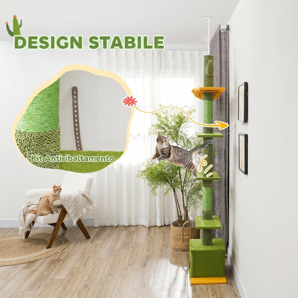 PawHut Albero Tiragraffi per Gatti 5 kg a Soffitto Alto 230-275 cm con Amaca, Casetta, Piattaforme, Verde | Aosom Italy
