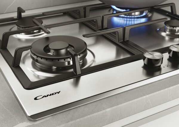 Candy Piano Cottura 4 Fuochi a Gas 60 cm Griglie in Ghisa (1 Bruciatore Wok) colore Inox - Essenza CDIH6GBFE4WX