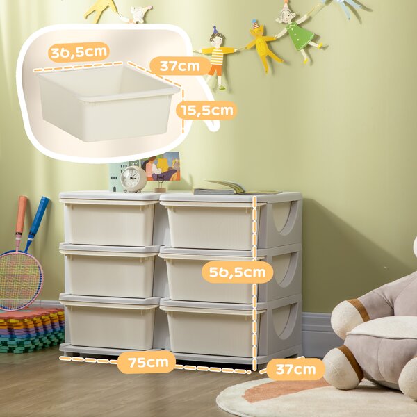 HOMCOM Cassettiera 6 Cassetti per Bambini 3-6 Anni con Bordi Arrotondati, in PP Bianco Crema, 75x37x56.5 cm | Aosom Italy