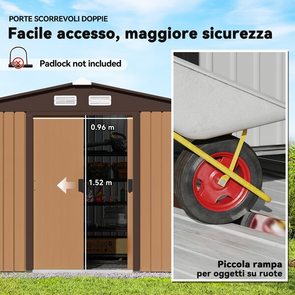 Outsunny Capanno da Giardino con Doppie Porte Scorrevoli e Kit per Base, Casetta per Attrezzi in Acciaio, 277x195x192cm, Giallo | Aosom Italy