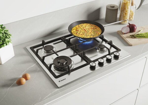 Candy Piano Cottura 4 Fuochi a Gas 60 cm Griglie in Ghisa (1 Bruciatore Wok) colore Inox - Essenza CDIH6GBFE4WX